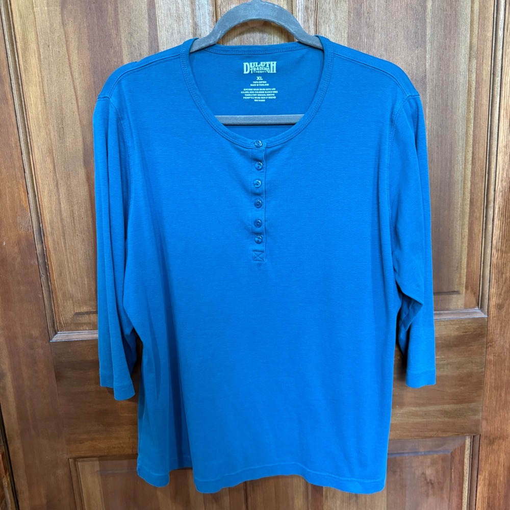 Duluth Trading Co Womens XL Teal Blue 100% Cotton 3/4 Sleeve Henley Top